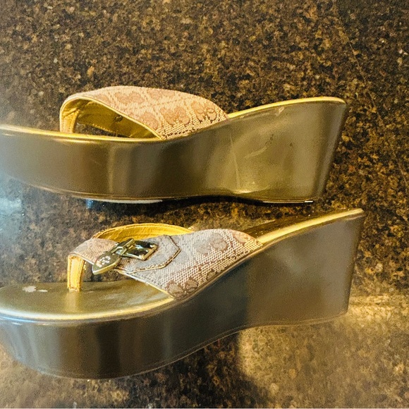 GUESS Gold and Tan Wedge Sandals - Picture 2 of 7